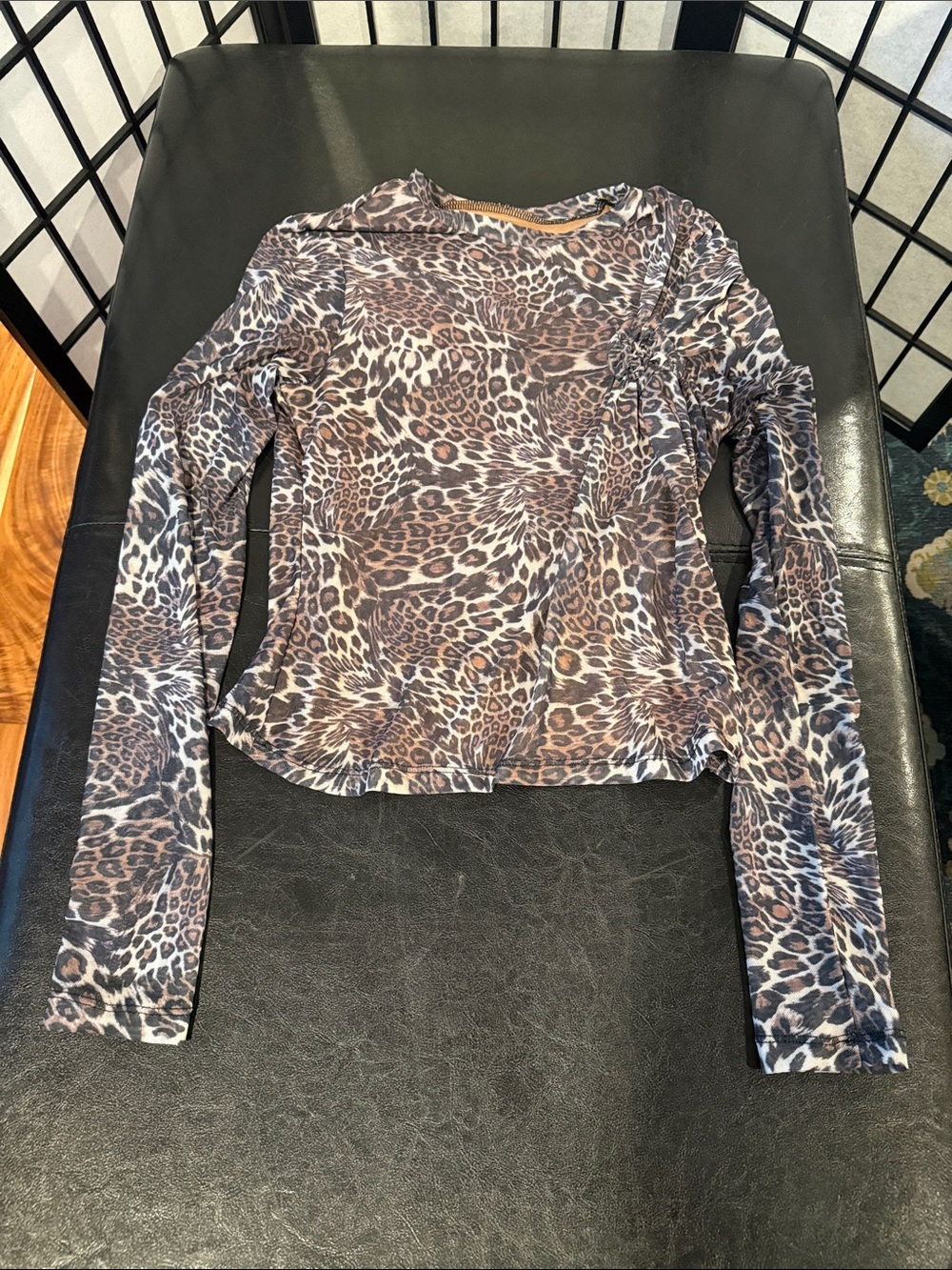 Women's Long-Sleeve Leopard Print Mesh Top - Brown